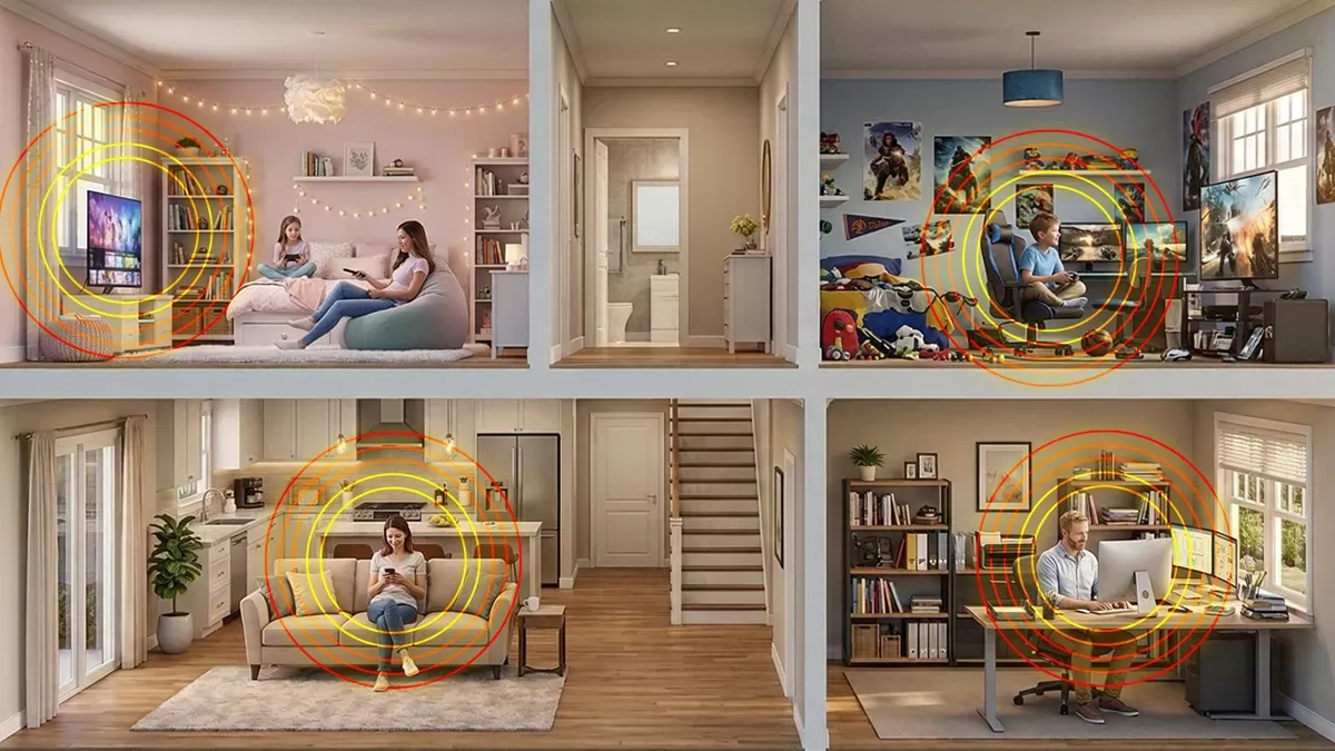 A cutaway view of a two-story home showing family members using devices in different rooms, each surrounded by orange wifi signal rings.