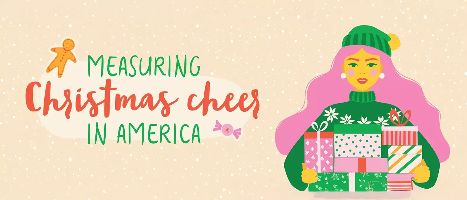 how-much-does-your-state-love-christmas illustration of woman holding stack of gifts