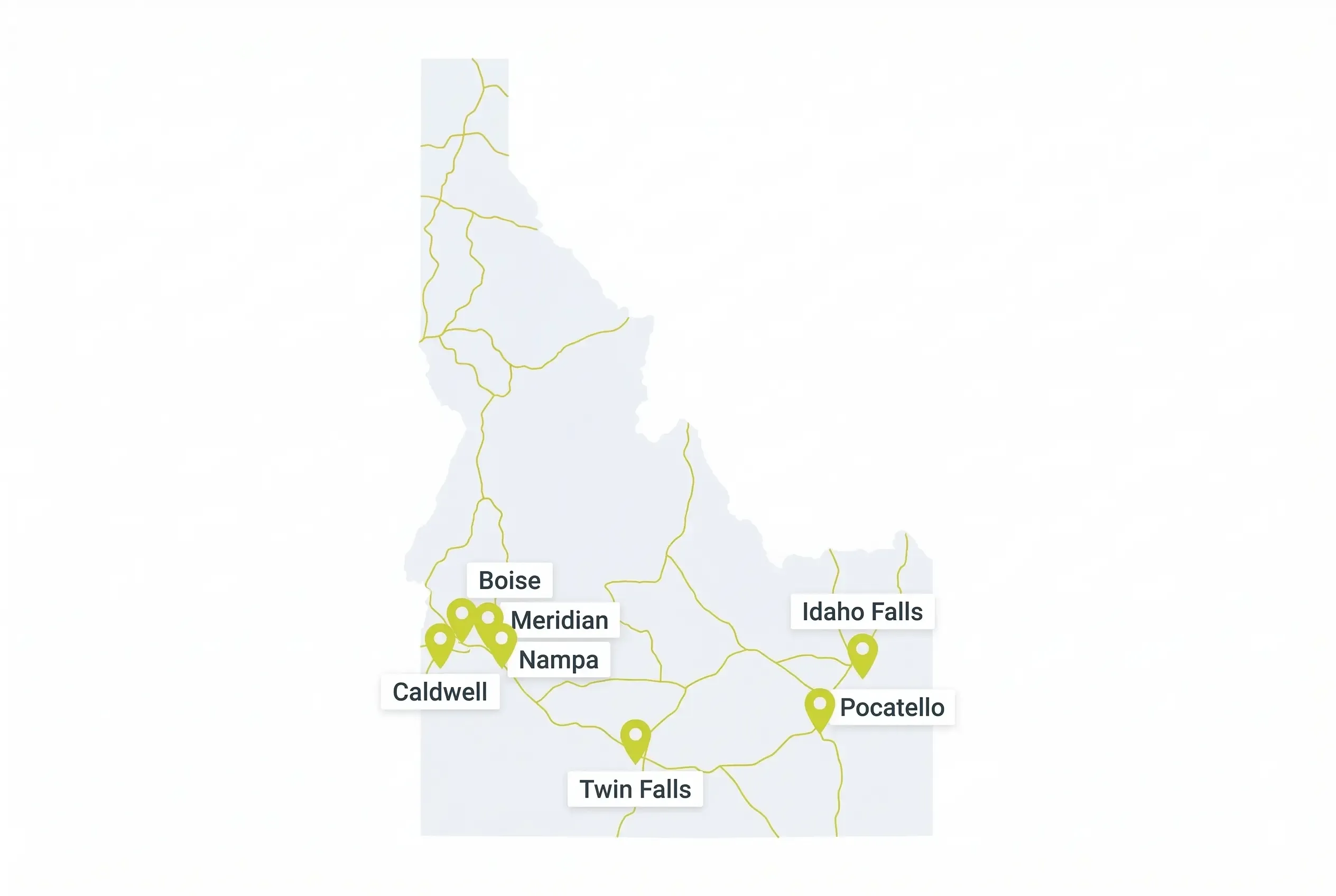 A simplified map of Idaho featuring gold highway lines and green location pins marking the cities of Caldwell, Boise, Meridian, Nampa, Twin Falls, Pocatello, and Idaho Falls.