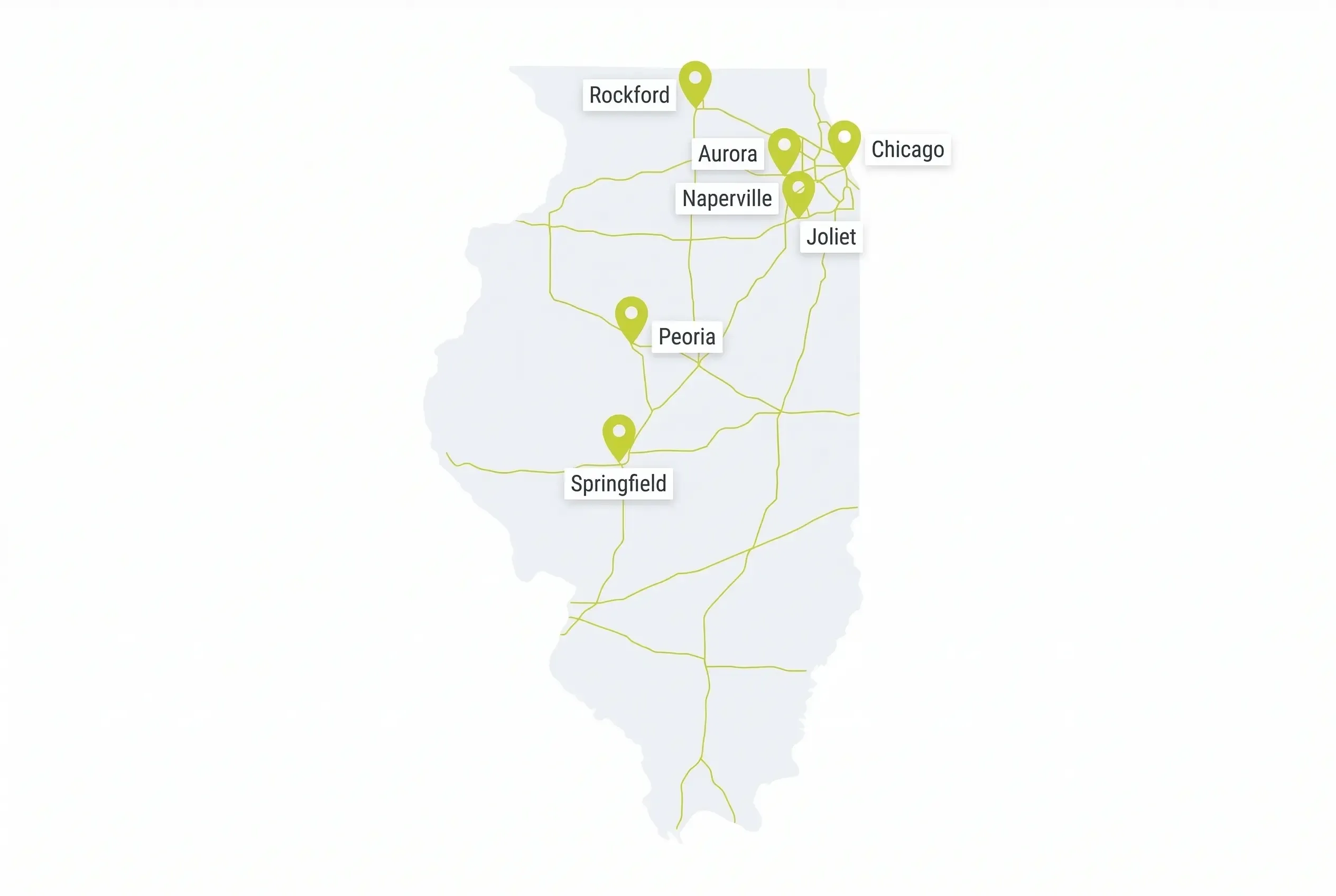 A simplified map of Illinois showing major highways in gold and green location pins marking the cities of Rockford, Aurora, Chicago, Naperville, Joliet, Peoria, and Springfield.