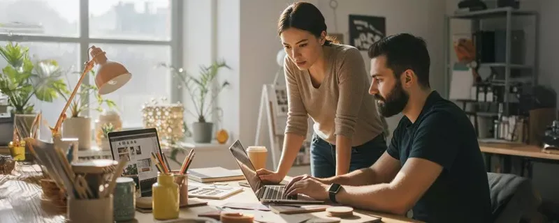 A woman leans over a man's shoulder to look at his laptop screen as they collaborate at a sunlit, plant-filled desk.