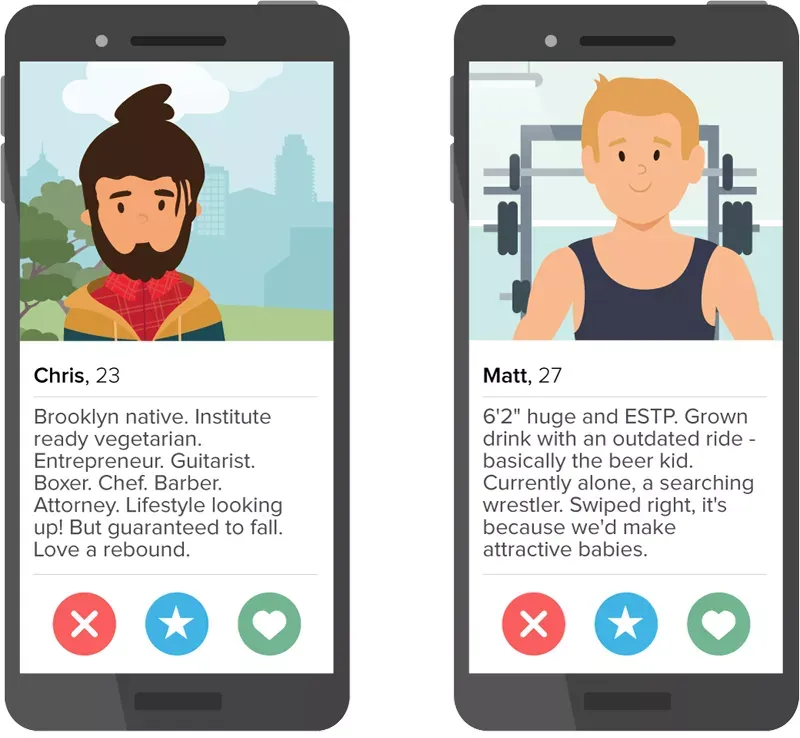 Illustration representing male online dating profiles.