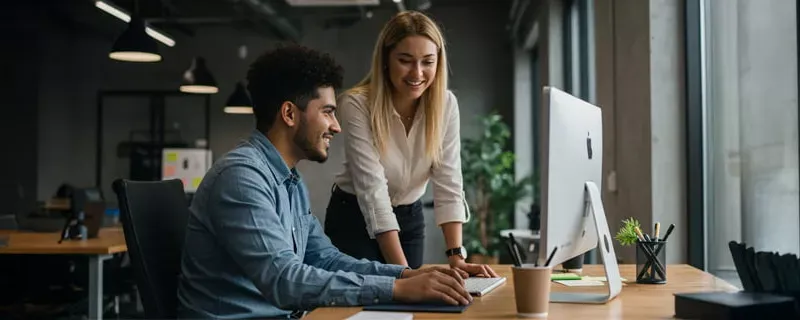 A male coworker sits at a computer, smiling, while a female coworker stands next to him, leaning in and smiling as they look at the monitor together.