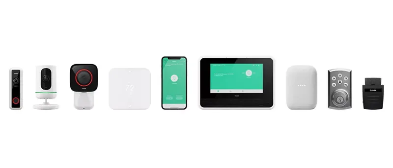 A straight-line arrangement of Vivint smart home devices, including a doorbell camera, two indoor/outdoor cameras, a thermostat, a smartphone screen, a control panel, a smart speaker, a smart lock, and an ODB-II car device.