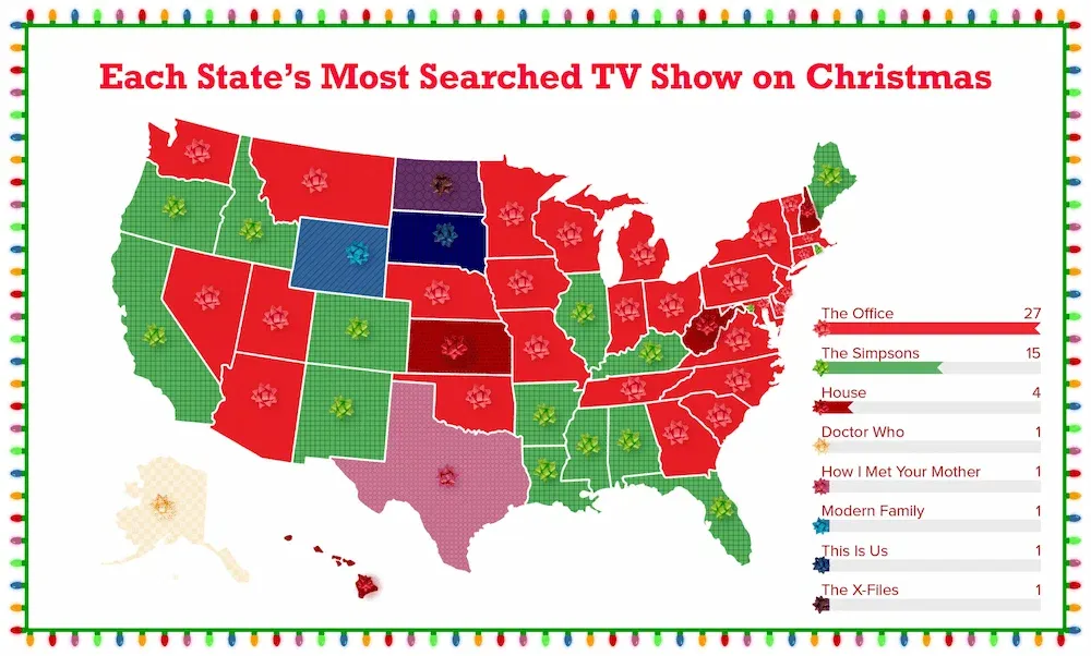 A U.S. map infographic showing each state's most searched TV show on Christmas, with "The Office" (27 states) and "The Simpsons" (15 states) being the most popular.