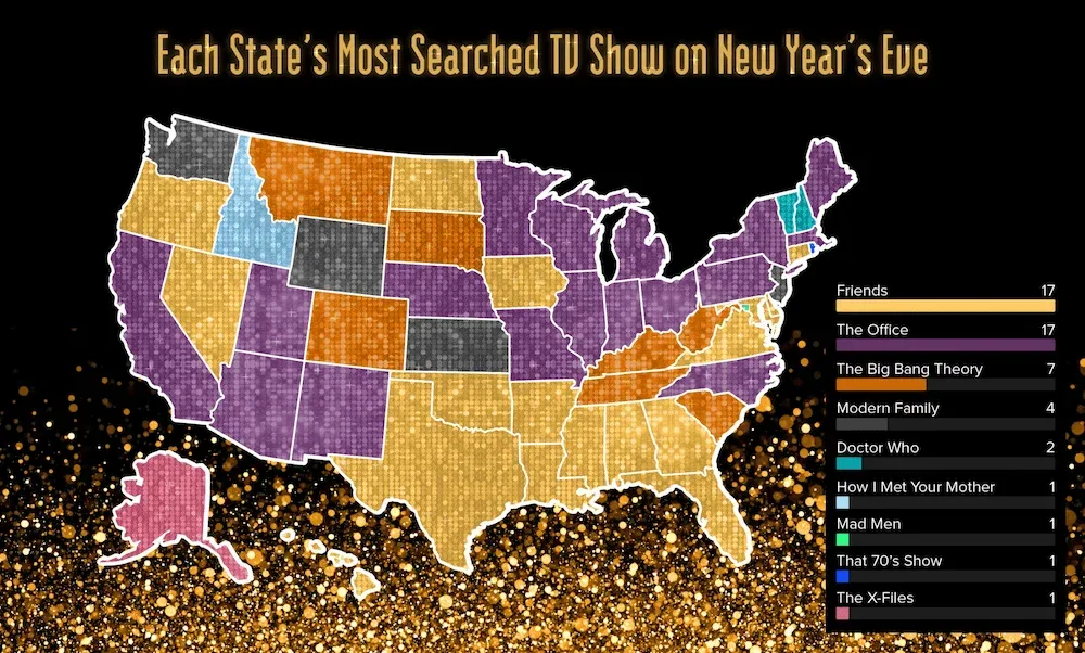 A U.S. map infographic showing each state's most searched TV show on New Year's Eve, with "Friends" and "The Office" tied as the most popular (17 states each).