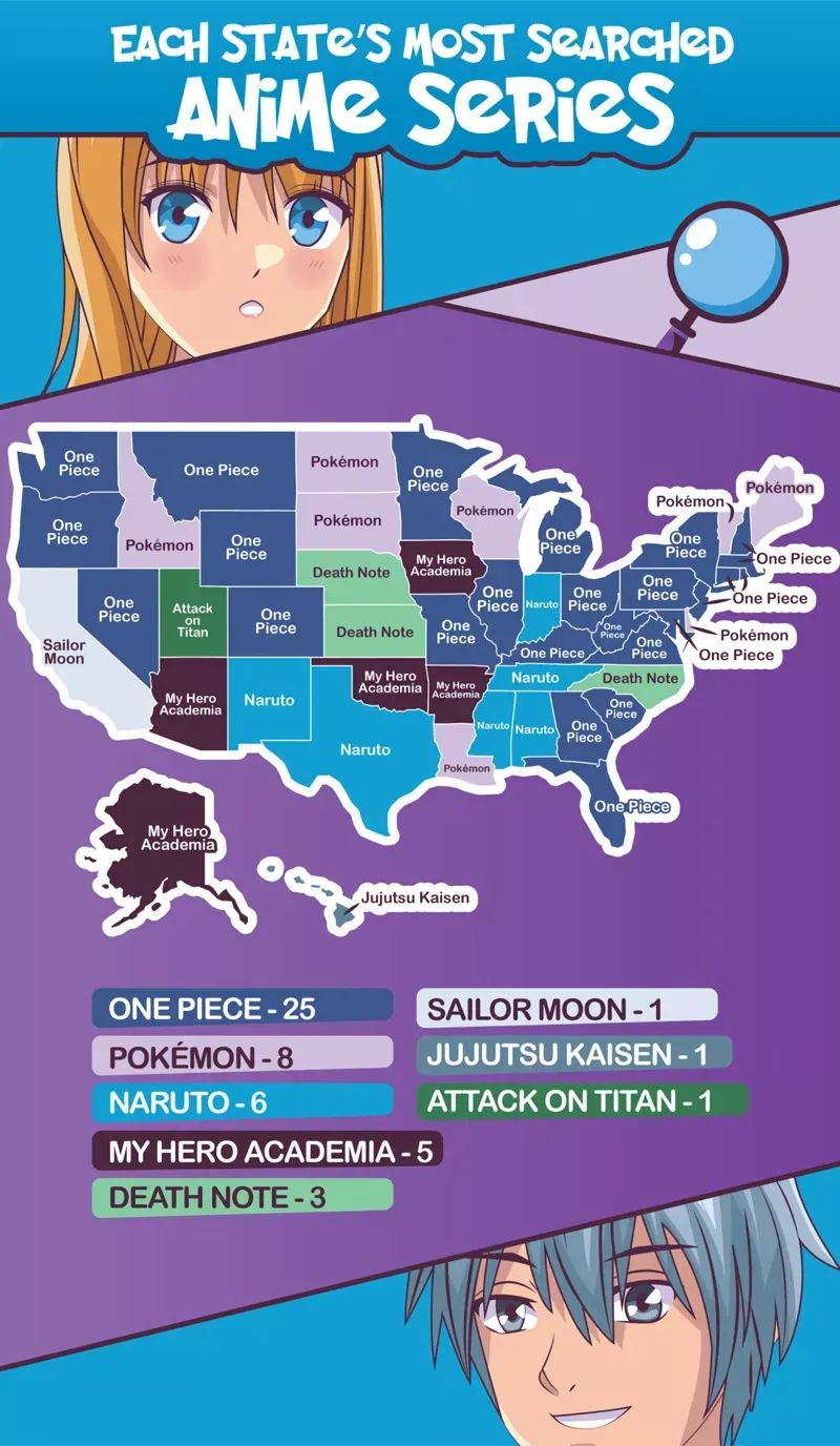 Map showcasing each states most popular searched anime series.