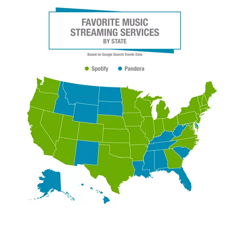 Infographic of a map showing results of streaming on spotify vs pandora.