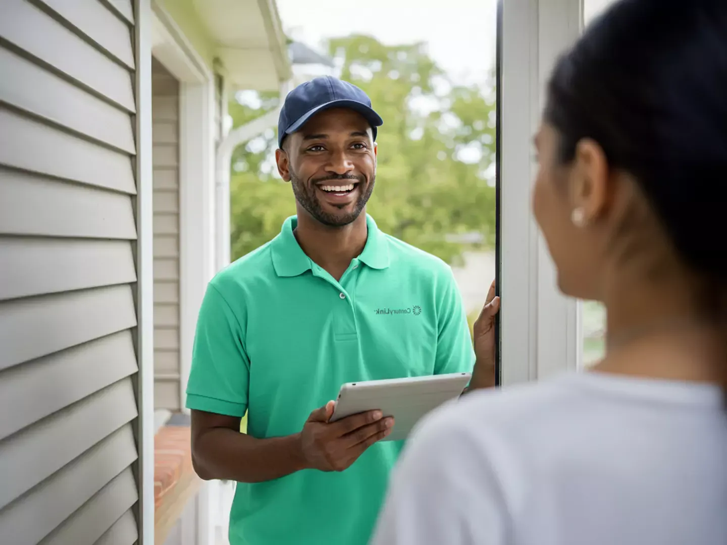 Smiling installer at the door, ready to help hook up your internet.