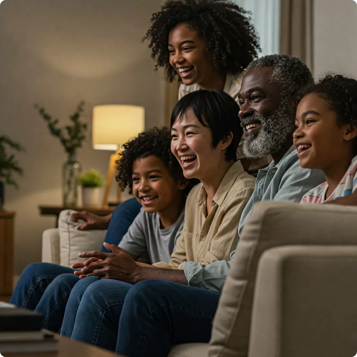 Happy international family watches tv together at home.