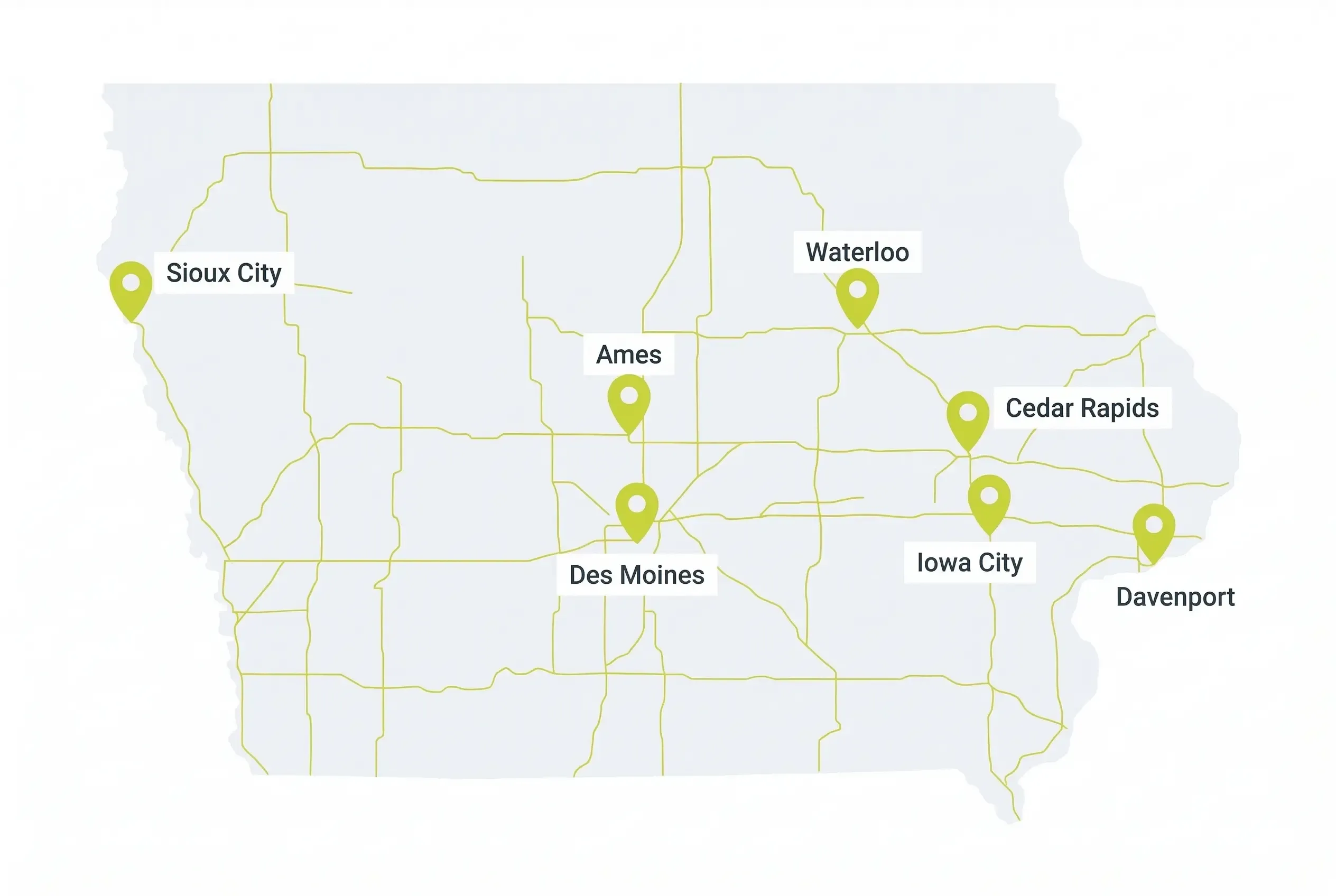 A simplified map of Iowa featuring gold highway lines and green location pins marking the cities of Sioux City, Ames, Des Moines, Waterloo, Cedar Rapids, Iowa City, and Davenport.