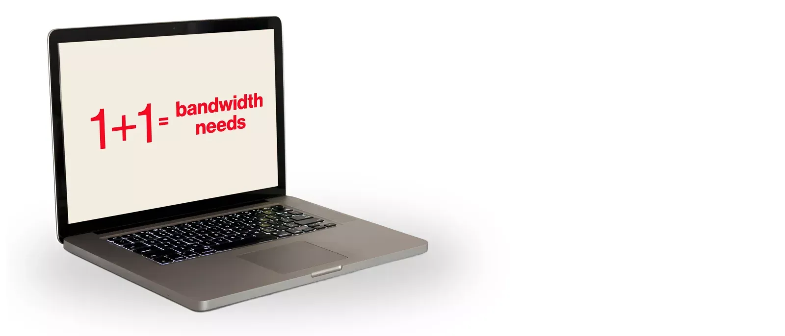 Isolated laptop computer, with an equation representing what you need before calculating your bandwidth needs.