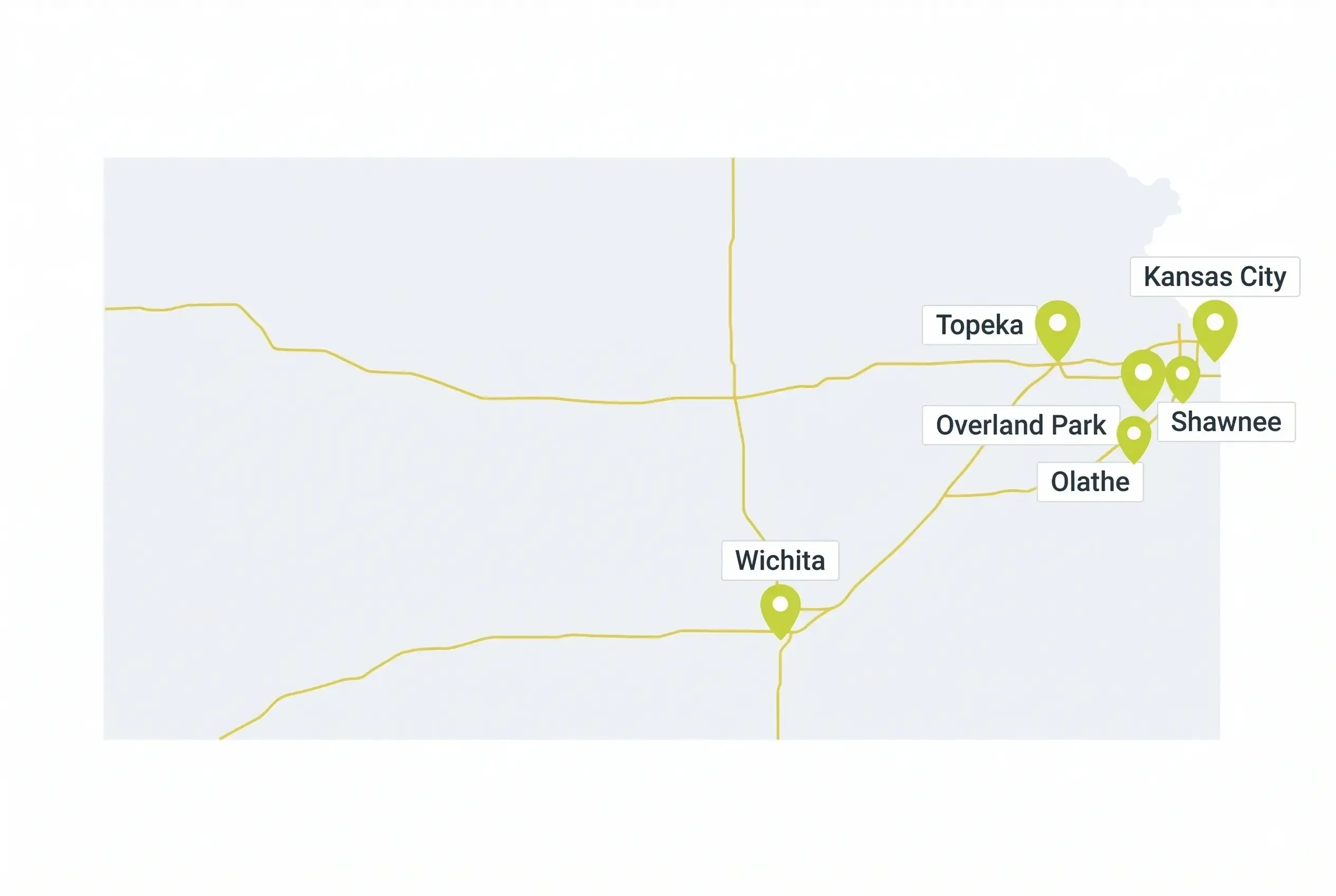 A simplified map of Kansas showing major highways in gold and green location pins marking the cities of Wichita, Topeka, Overland Park, Olathe, Shawnee, and Kansas City.