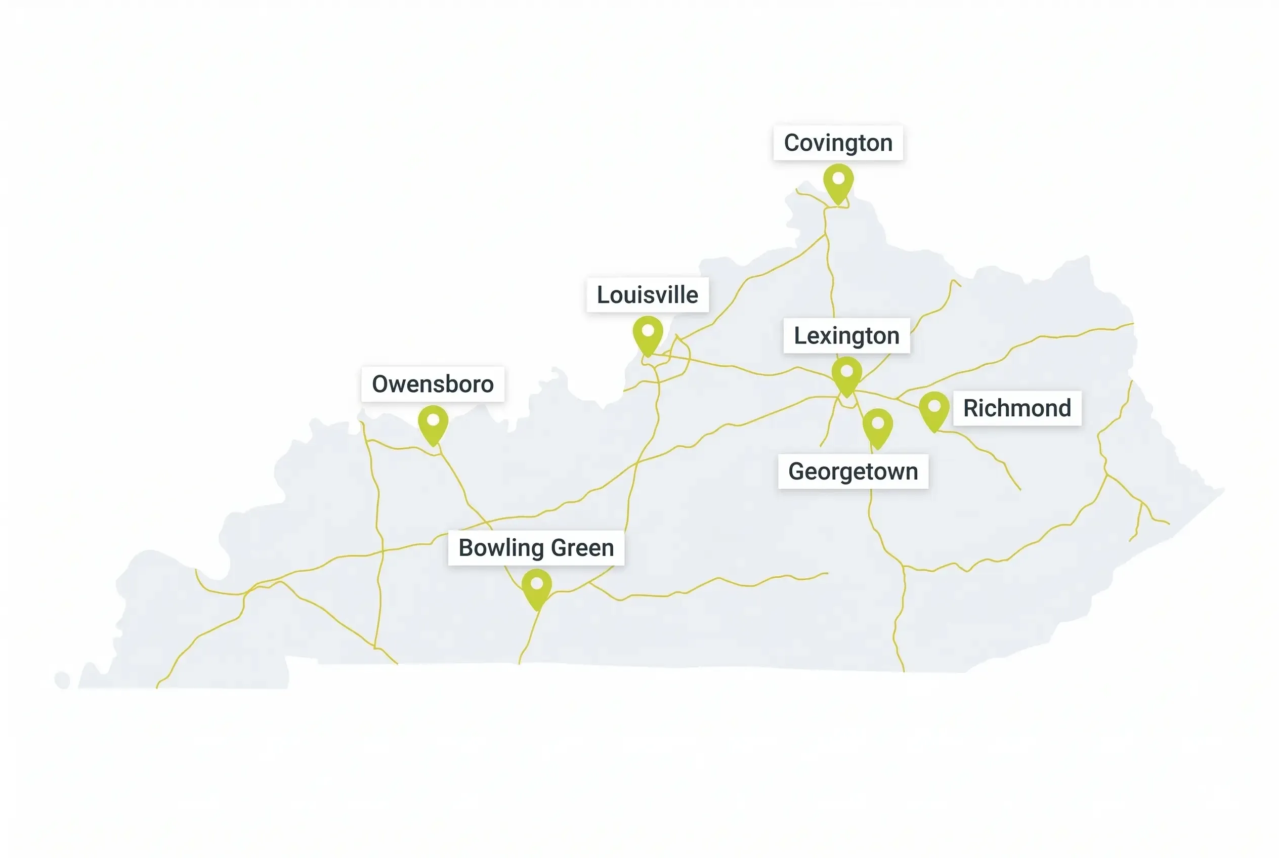 A simplified map of Kentucky with gold highway lines and green location pins marking the cities of Owensboro, Bowling Green, Louisville, Covington, Lexington, Georgetown, and Richmond.