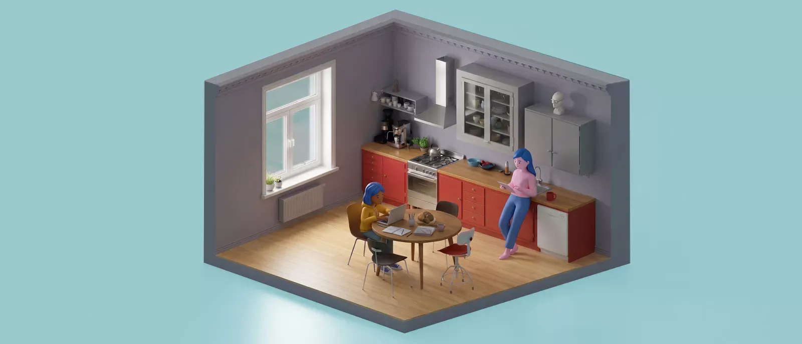 Isometric 3D illustration of a modern kitchen with a child using a laptop and a mother using a tablet.