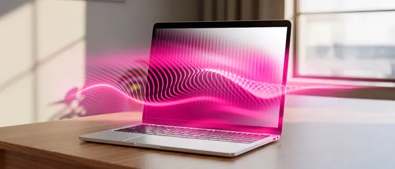 A laptop on a countertop, with magenta neon lines, representing fiber, beaming out.