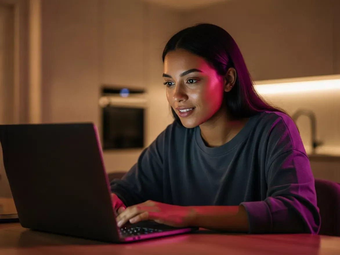 A woman with long dark hair is smiling while working on a laptop at a table in a dimly lit room.
