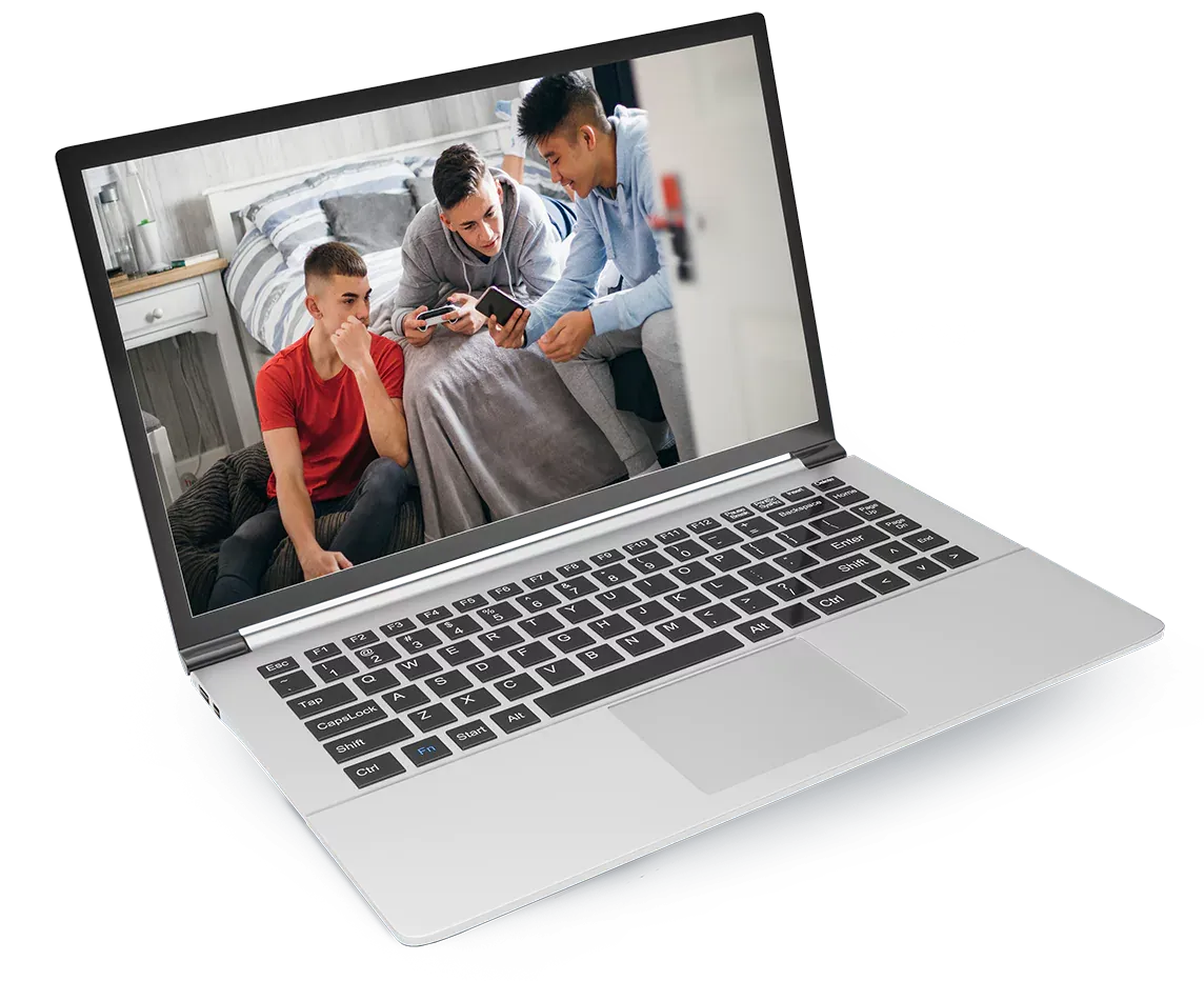 laptop with teens hanging out on screen