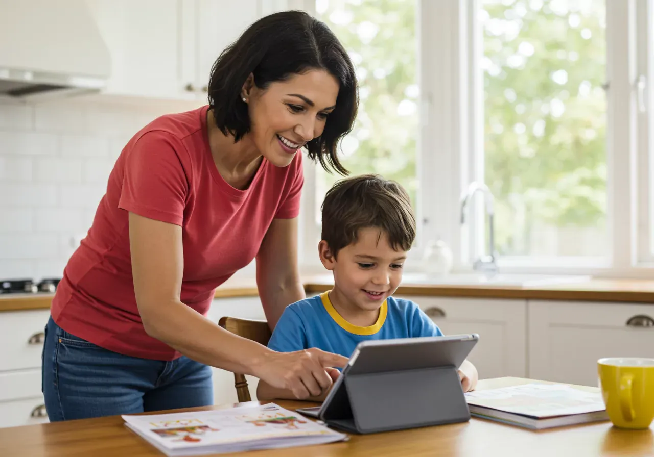 Latin American woman helps child use tablet