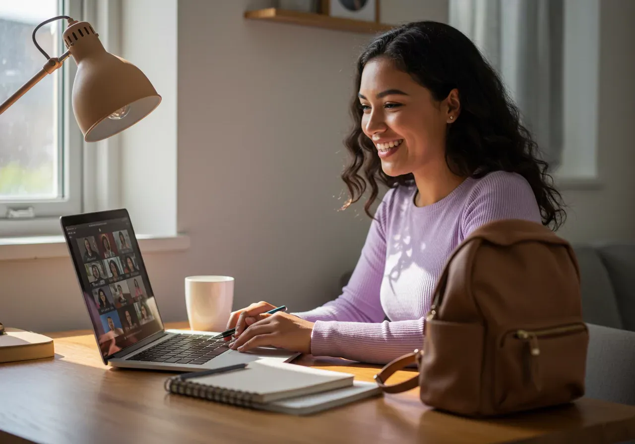 Latin American woman uses laptop for virtual call