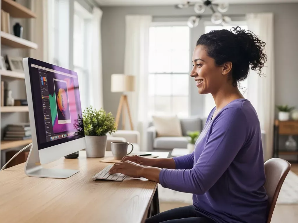 Woman works from home using computer with fast internet