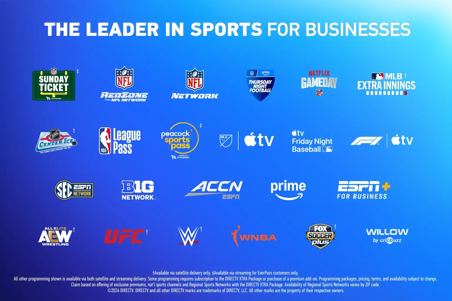 A blue promotional graphic listing DIRECTV sports channels and networks available for businesses.