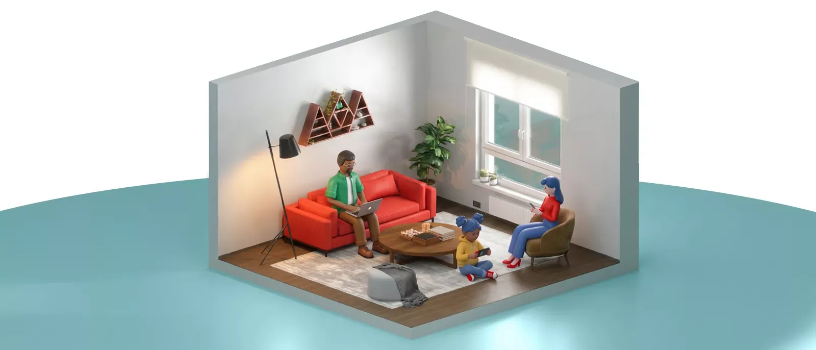 Isometric 3D view of a family relaxing in a modern living room while using various digital devices.
