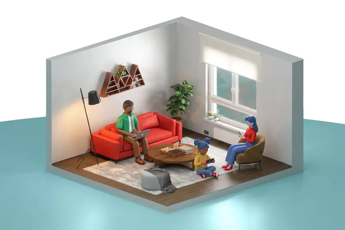 Isometric 3D view of a family relaxing in a modern living room while using various digital devices.