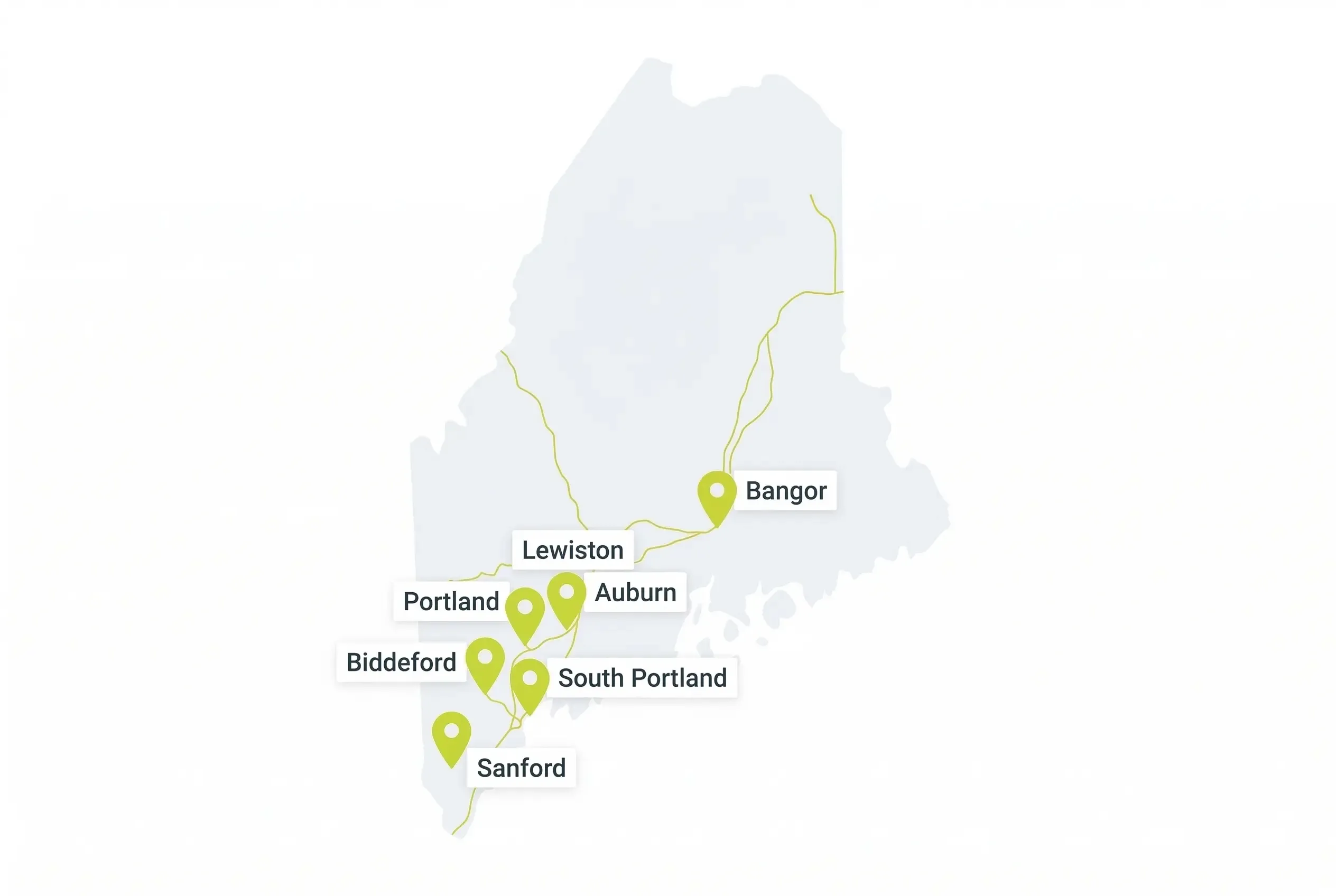 A simplified map of Maine featuring gold highway lines and green location pins marking the cities of Bangor, Lewiston, Auburn, Portland, South Portland, Biddeford, and Sanford.