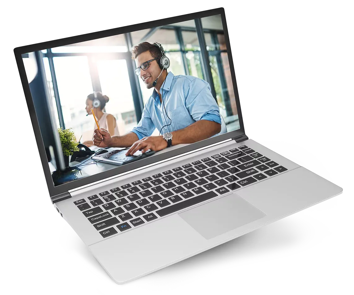 Laptop showing image of customer service agent