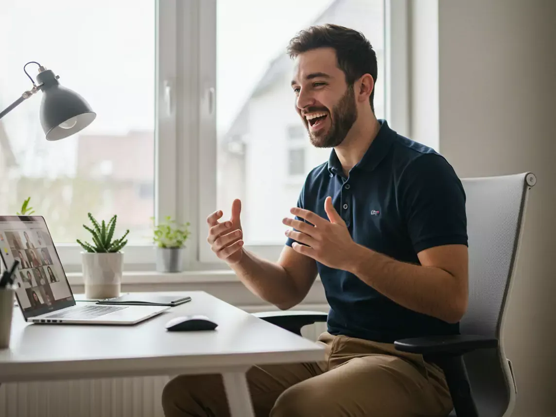 Man talks while on virtual call in home office.