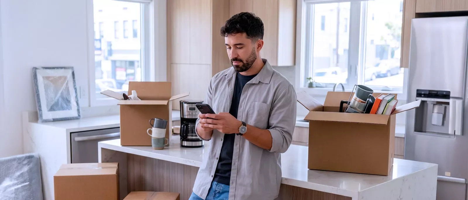 Man leaning in his new kitchen. He is looking at his smartphone among a bunch of moving boxes.