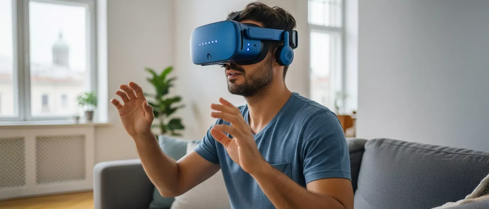 Man uses VR headset at home