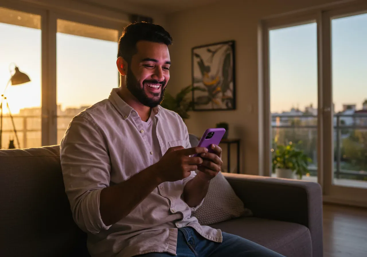 Man with purple phone in apartment