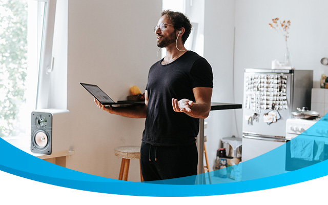 man having a conference call at home using AT&T internet