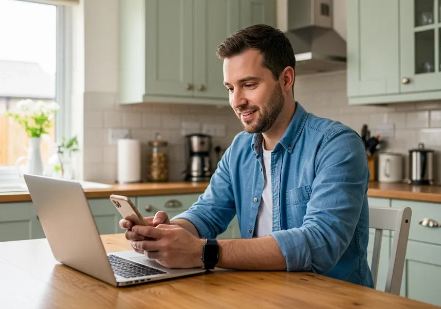 man with phone and laptop at kitchen table