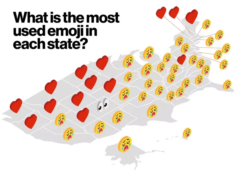 Map of the USA showing which state uses which emoji the most.