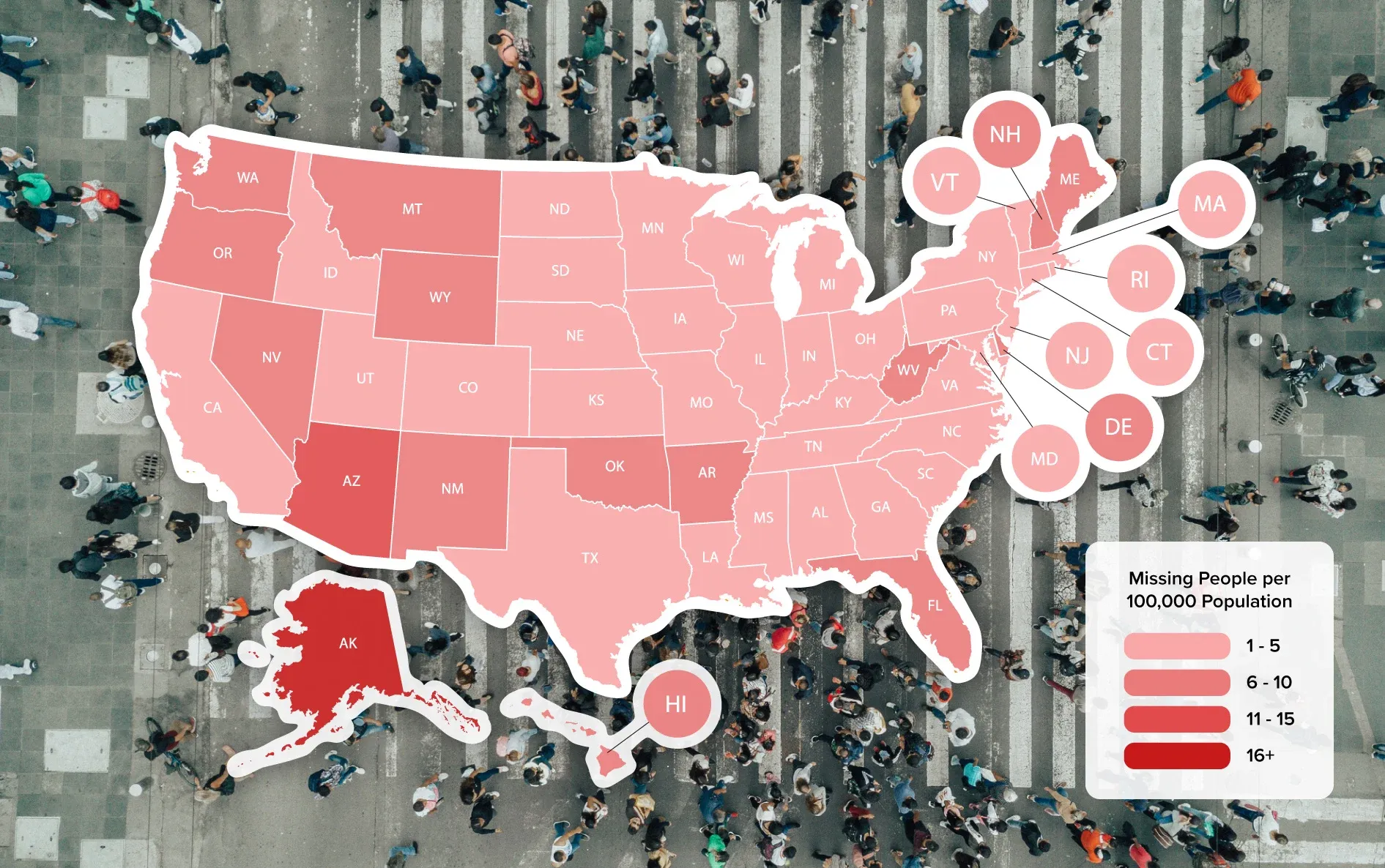 map of states with most to fewest missing people