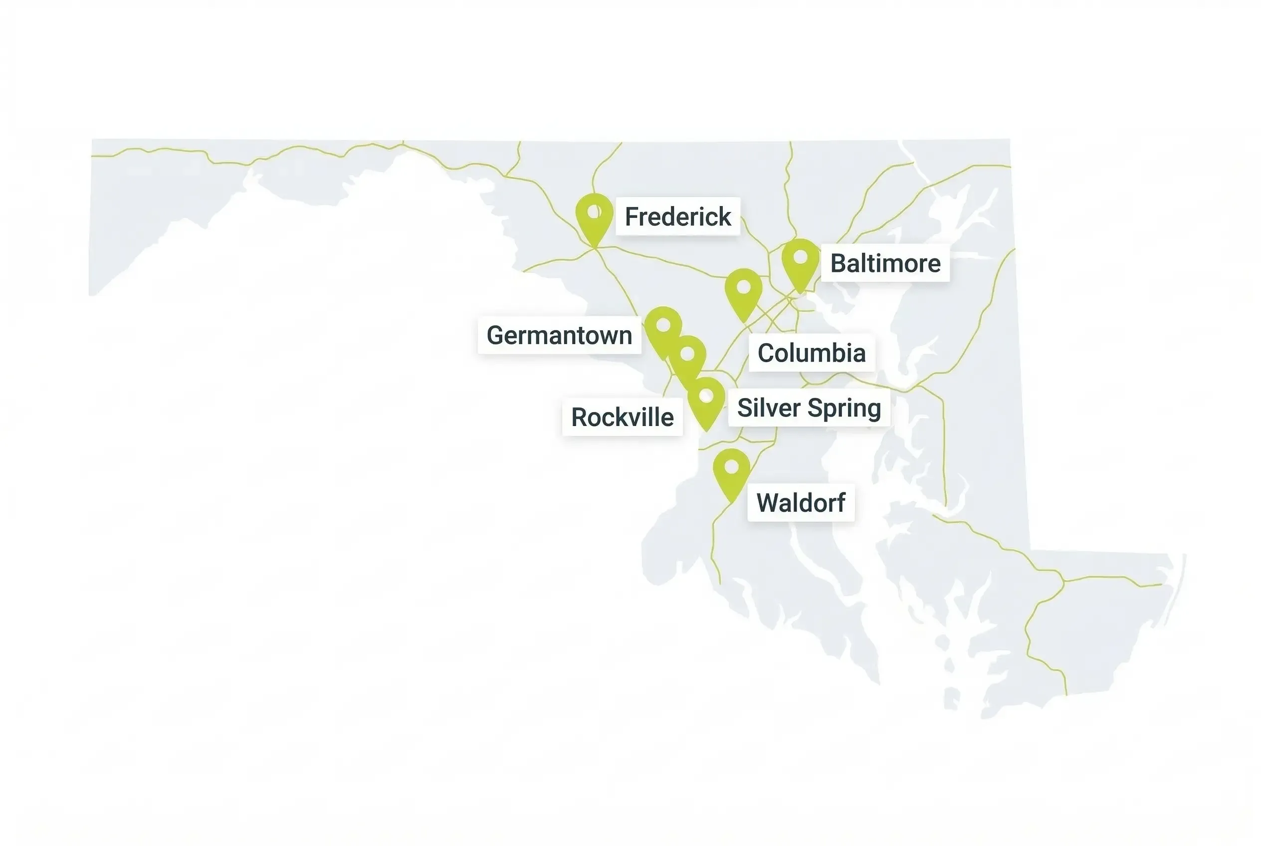A simplified map of Maryland featuring gold highway lines and green location pins marking the cities of Frederick, Baltimore, Germantown, Columbia, Rockville, Silver Spring, and Waldorf.