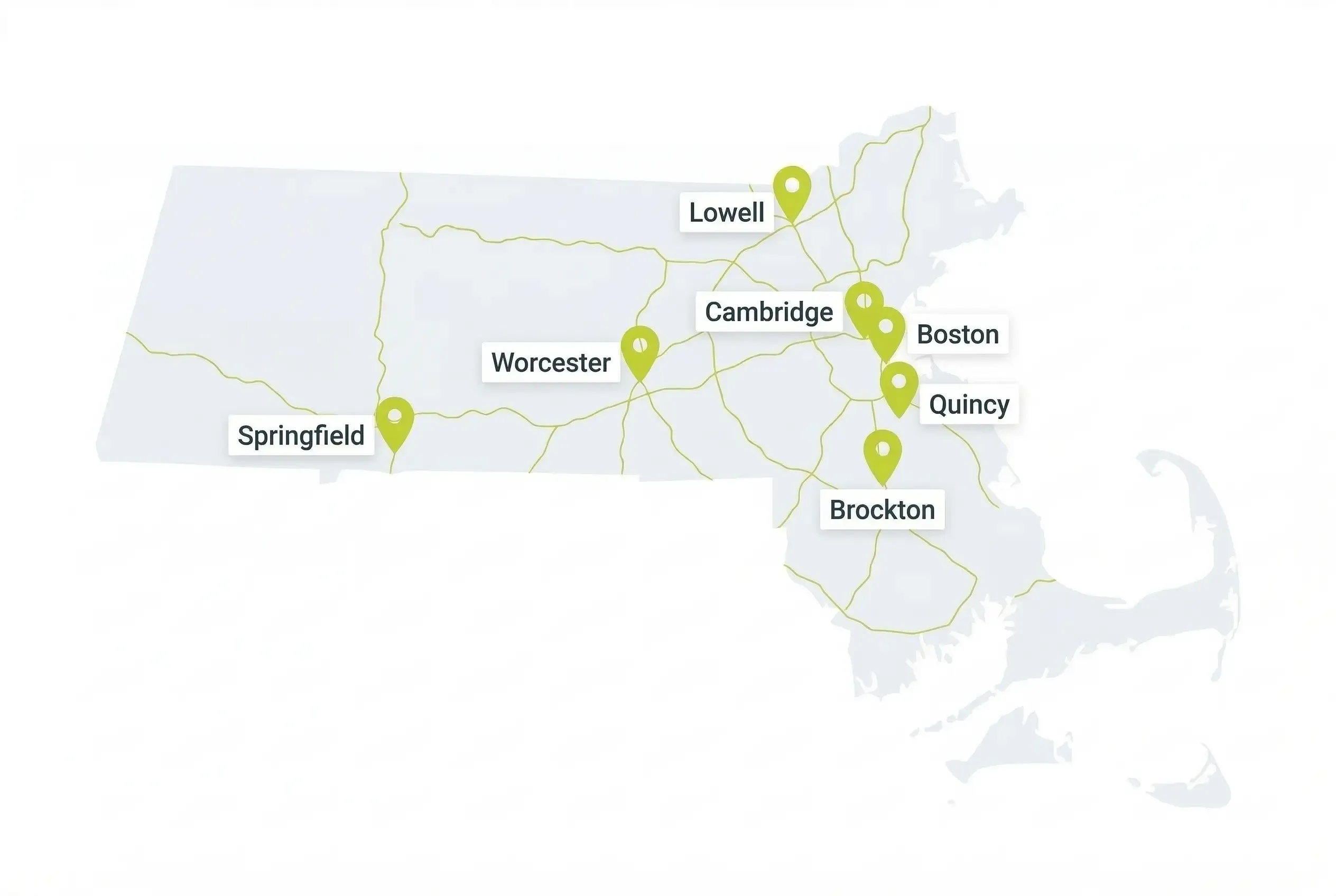 A simplified map of Massachusetts featuring gold highway lines and green location pins marking the cities of Springfield, Worcester, Lowell, Cambridge, Boston, Quincy, and Brockton.