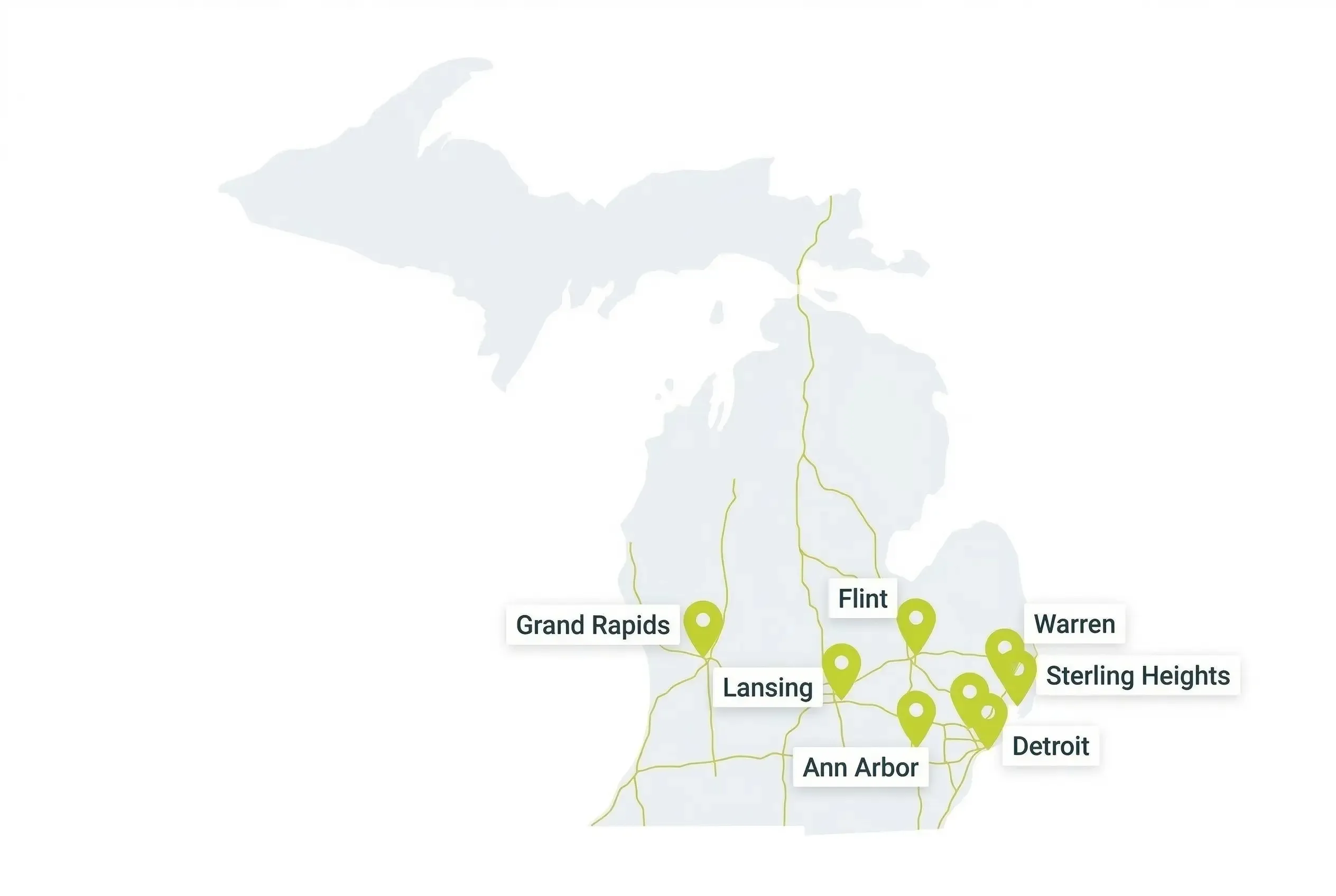 A simplified map of Michigan with gold highway lines and green location pins marking the cities of Grand Rapids, Lansing, Flint, Ann Arbor, Warren, Sterling Heights, and Detroit.