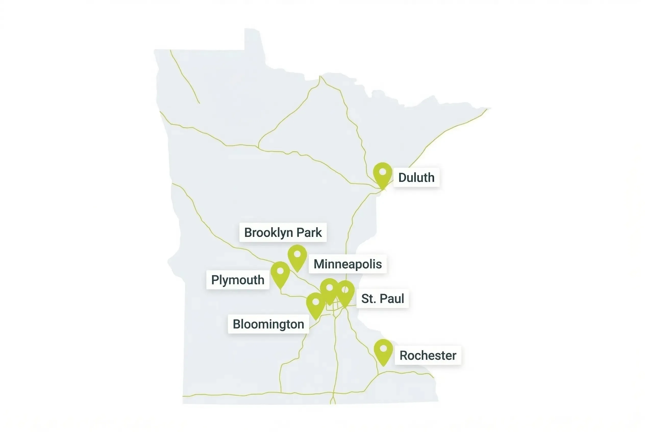 A simplified map of Minnesota featuring gold highway lines and green location pins marking the cities of Duluth, Brooklyn Park, Minneapolis, St. Paul, Plymouth, Bloomington, and Rochester.