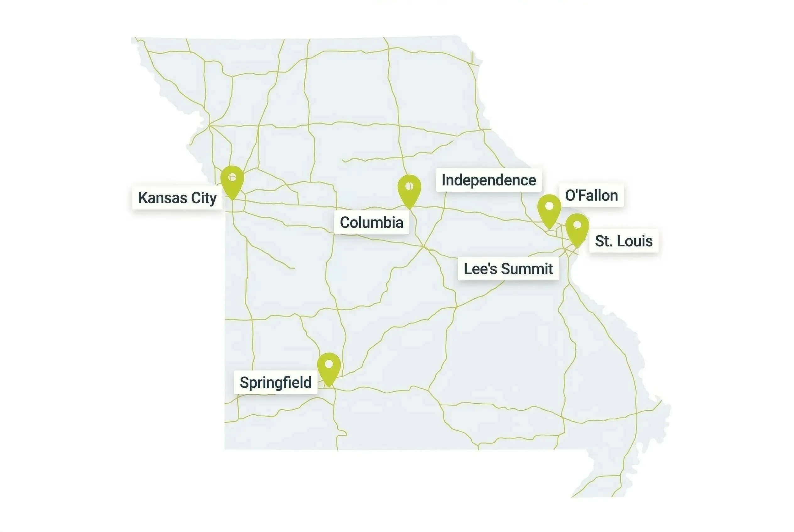A simplified map of Missouri featuring gold highway lines and green location pins marking the cities of Kansas City, Springfield, Columbia, Independence, Lee's Summit, O'Fallon, and St. Louis.