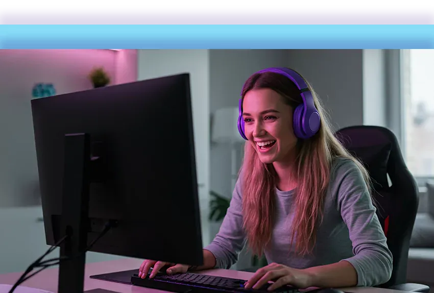 Woman games inside purple glowing apartment