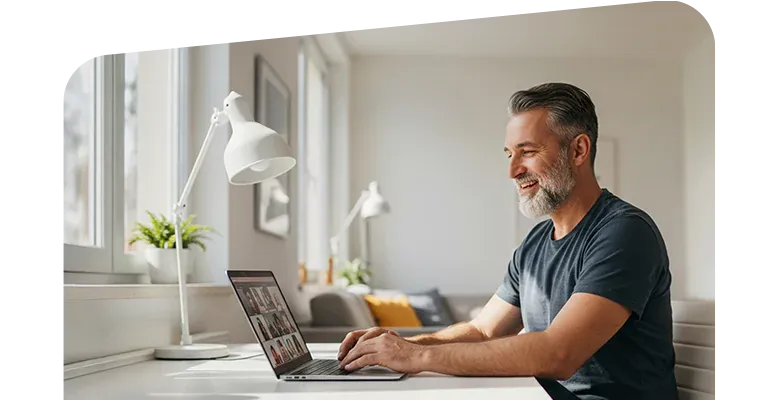 Man uses laptop for virutal call in home office