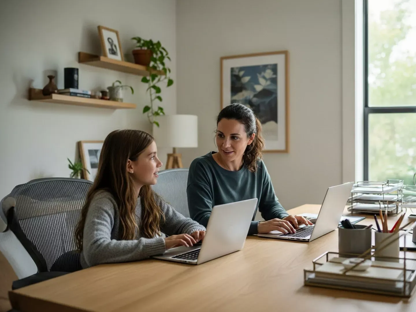 A mother and her daughter sit side-by-side at a wooden desk working on laptops in a bright, modern home office.