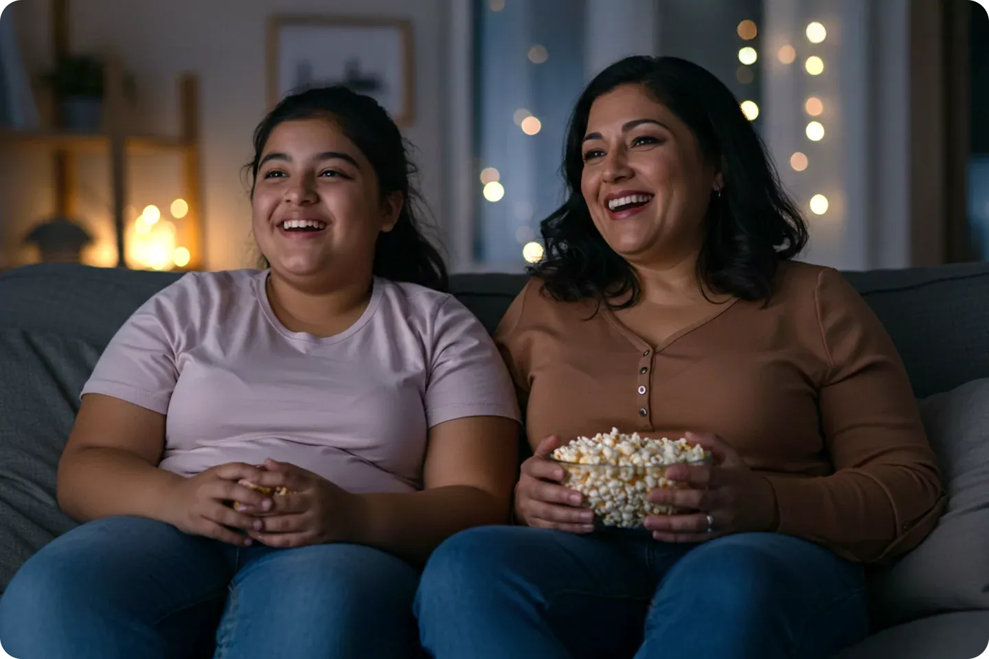 Mom and daughter watching TV and having some popcorn.