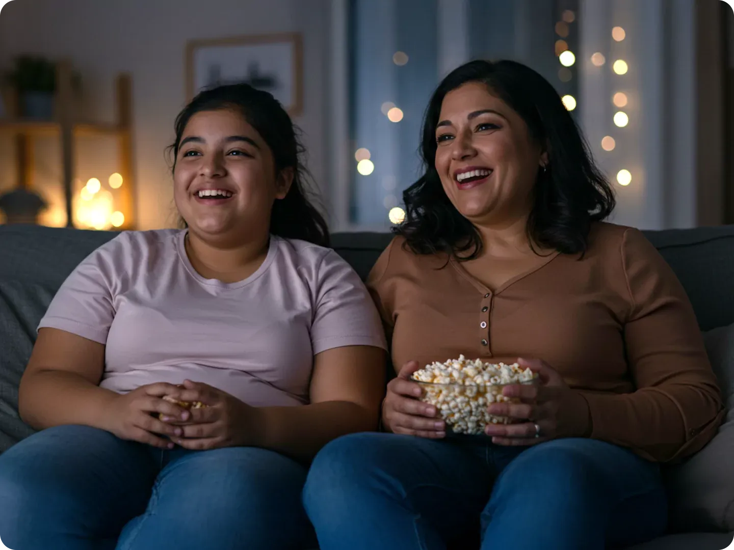 Mom and daughter watching TV and having some popcorn.