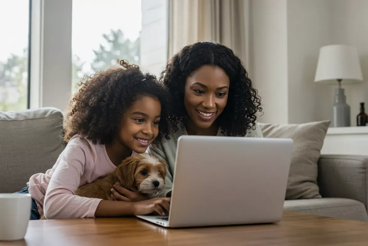 A mother and daughter smiling at a laptop screen. The daughter is holding a puppy.