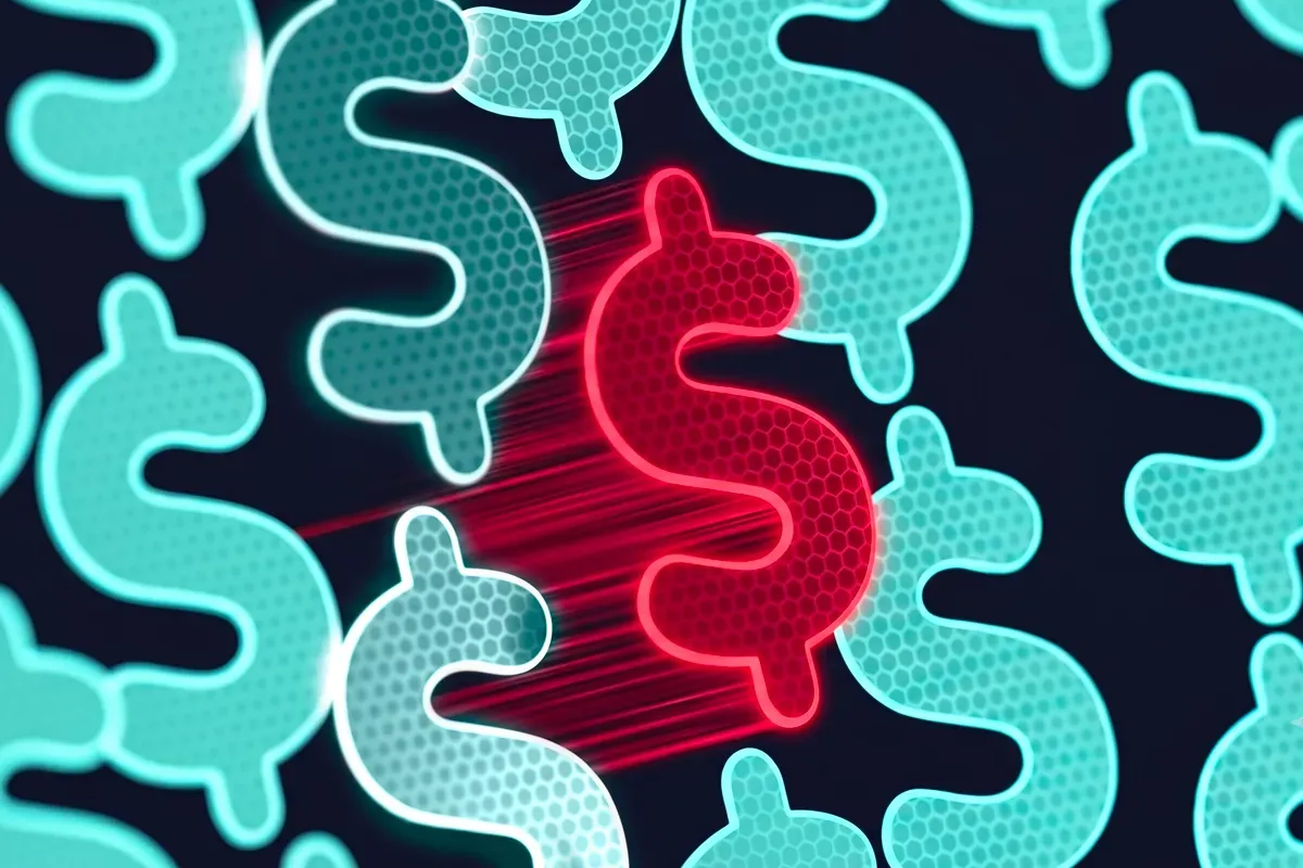 Neon lights highlighting dollar signs, representing money.